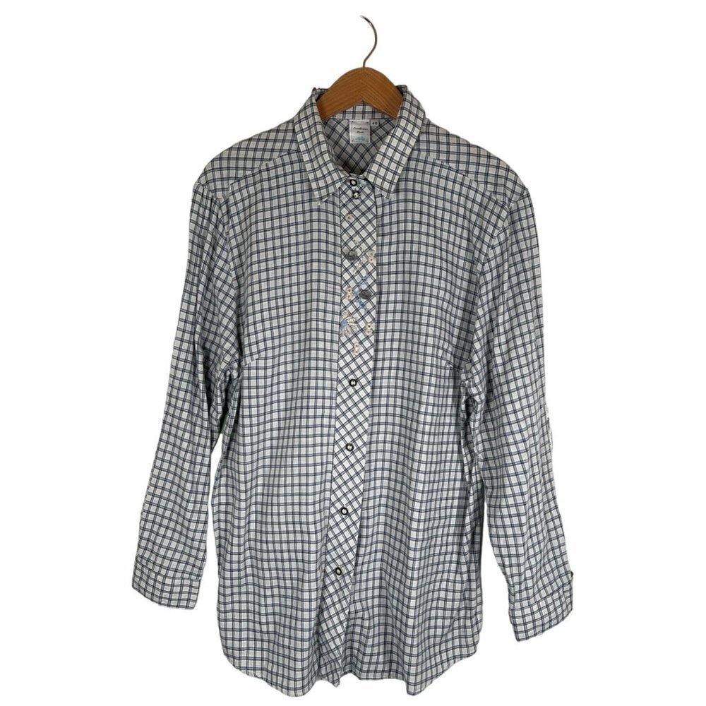 VTG Landhaus Mode Womens Size 46 Shirt Cotton Blue Check Embroidery Germany EUC